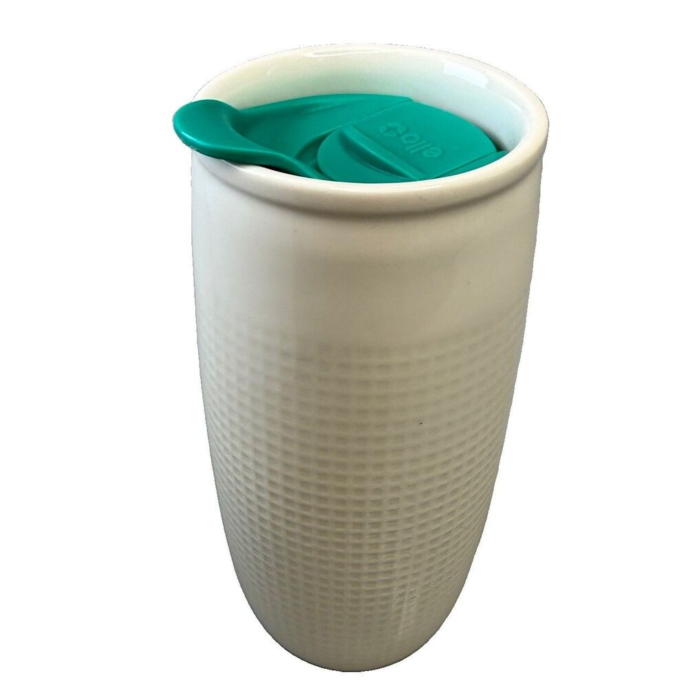 Ello Ceramic Travel Mug 18oz White with Mint Green Silicone Lid EUC